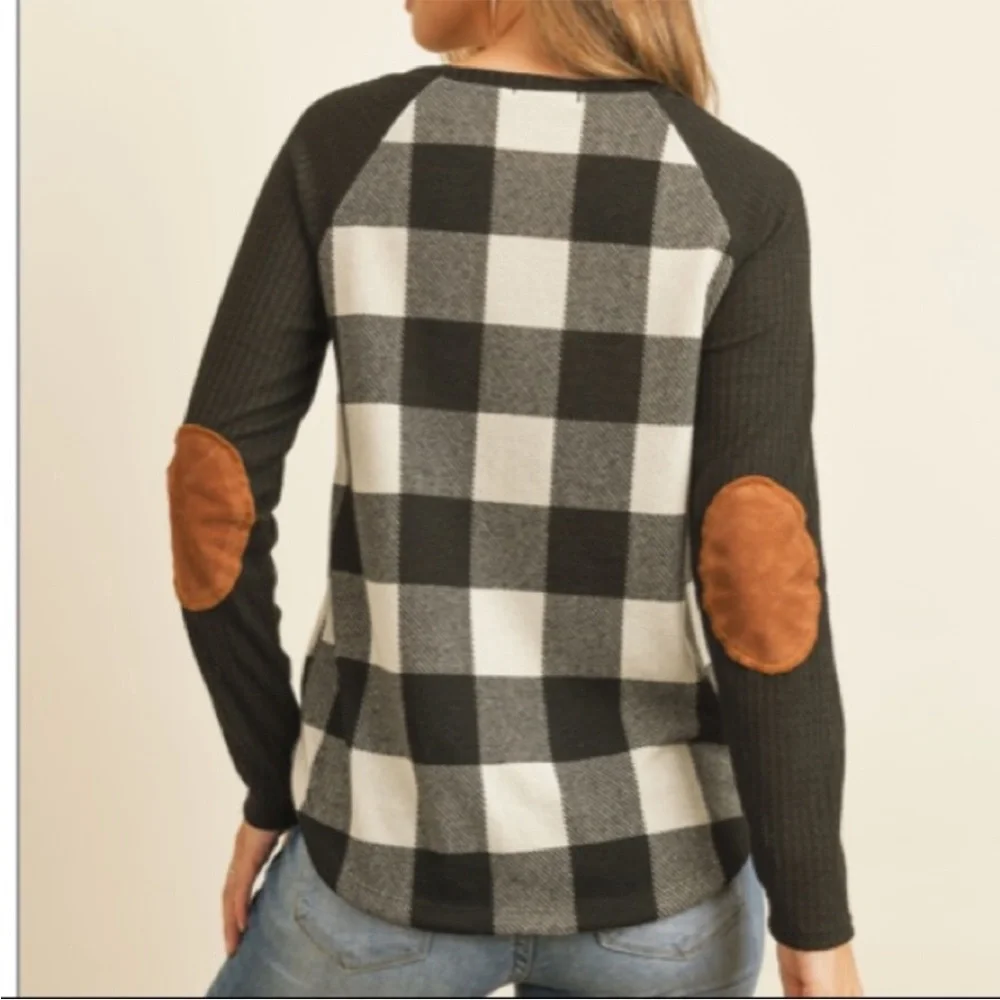Black & White Buffalo Check, Elbow Patch Top - Picture 6 of 6